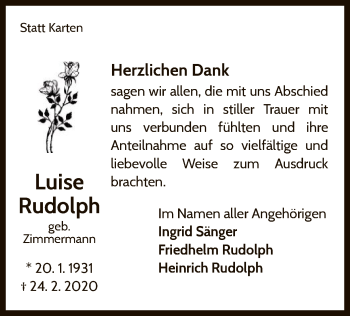 Traueranzeige von Luise Rudolph von WLZ