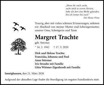 Traueranzeige von Margret Trachte von WLZ