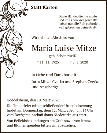 Traueranzeige von Maria Luise Mitze von WLZ