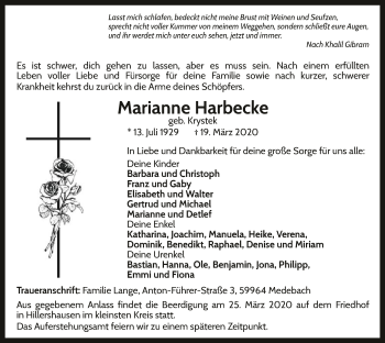 Traueranzeige von Marianne Harbecke von WLZ