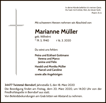 Traueranzeige von Marianne Müller von WLZ