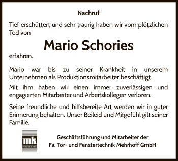 Traueranzeige von Mario Schories von WLZ