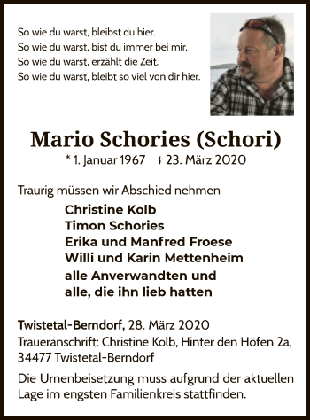 Traueranzeige von Mario Schories von WLZ