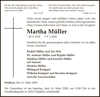 Traueranzeige von Martha Müller von WLZ