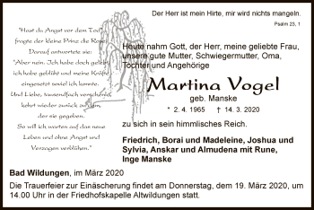 Traueranzeige von Martina Vogel von WLZ