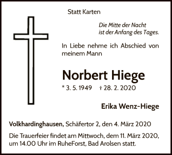 Traueranzeige von Norbert Hiege von WLZ