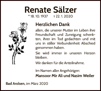 Traueranzeige von Renate Sälzer von WLZ