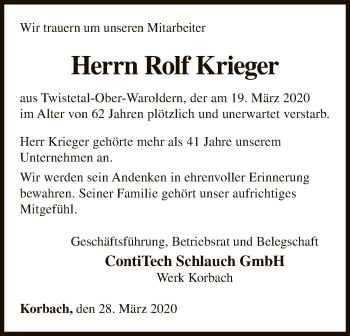 Traueranzeige von Rolf Krieger von WLZ