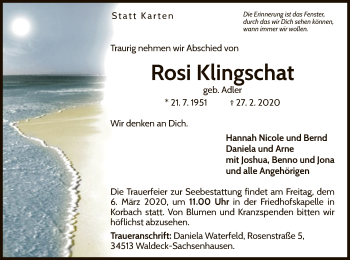 Traueranzeige von Rosi Klingschat von WLZ