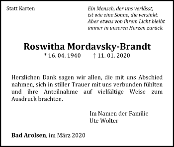 Traueranzeige von Roswitha Mordavsky-Brandt von WLZ