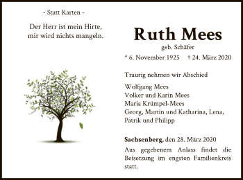 Traueranzeige von Ruth Mees von WLZ