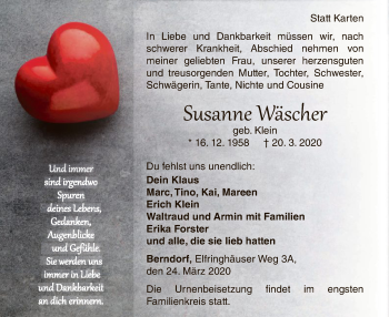 Traueranzeige von Susanne Wäscher von WLZ