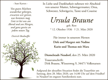 Traueranzeige von Ursula Braune von WLZ