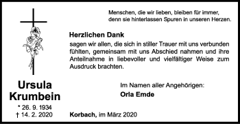 Traueranzeige von Ursula Krumbein von WLZ