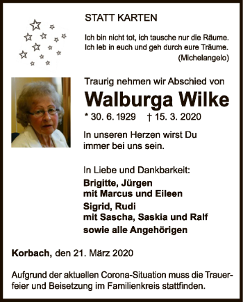 Traueranzeige von Walburga Wilke von WLZ