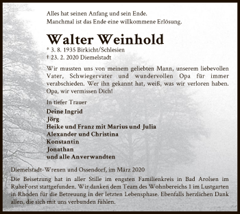 Traueranzeige von Walter Weinhold von WLZ