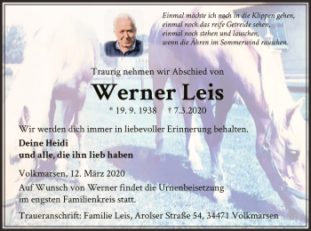 Traueranzeige von Werner Leis von WLZ