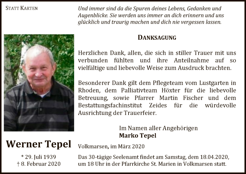  Traueranzeige für Werner Tepel vom 21.03.2020 aus WLZ