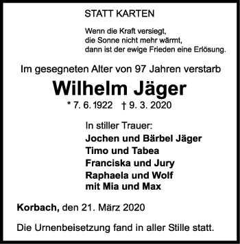 Traueranzeige von Wilhelm Jäger von WLZ