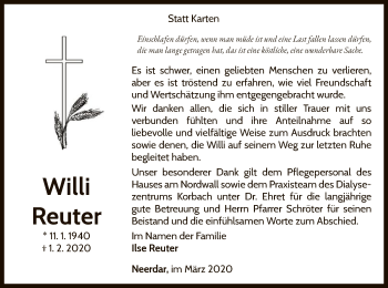 Traueranzeige von Willi Reuter von WLZ