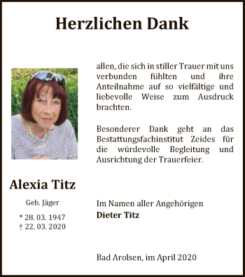 Traueranzeige von Alexia Titz von WLZ