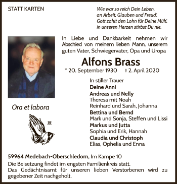 Traueranzeige von Alfons Brass von WLZ