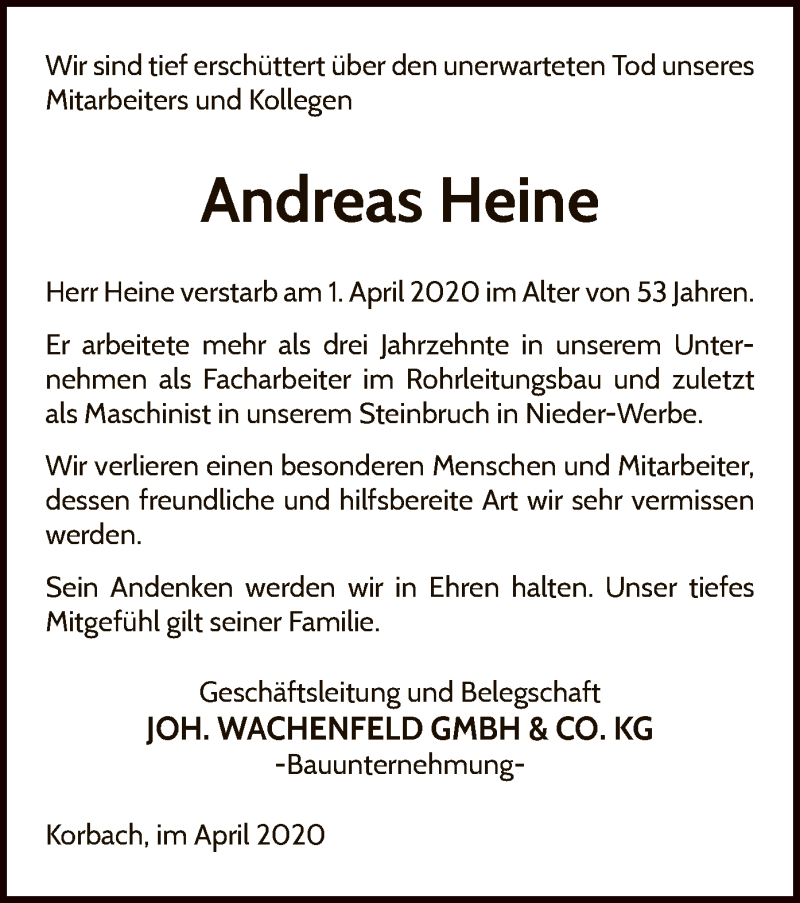  Traueranzeige für Andreas Heine vom 08.04.2020 aus WLZ