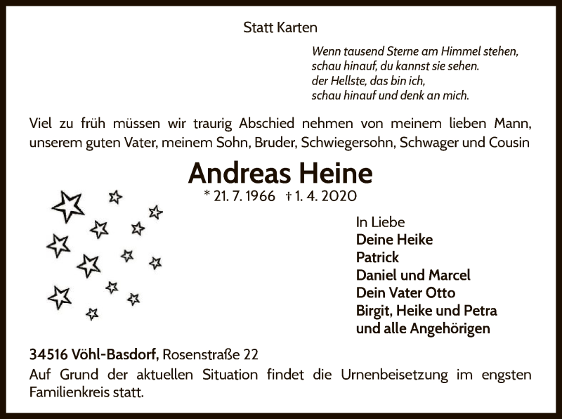  Traueranzeige für Andreas Heine vom 04.04.2020 aus WLZ