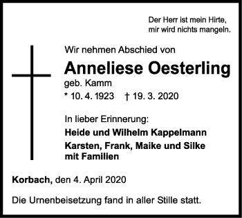 Traueranzeige von Anneliese Oesterling von WLZ