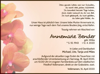 Traueranzeige von Annemarie Bender von WLZ