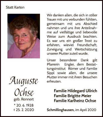 Traueranzeige von Auguste Ochse von WLZ