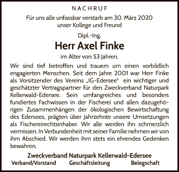Traueranzeige von Axel Finke von WLZ