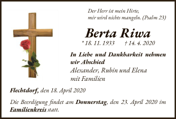 Traueranzeige von Berta Riwa von WLZ