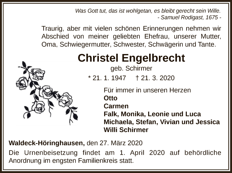  Traueranzeige für Christel Engelbrecht vom 27.03.2020 aus WLZ