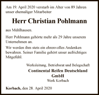 Traueranzeige von Christian Pohlmann von WLZ