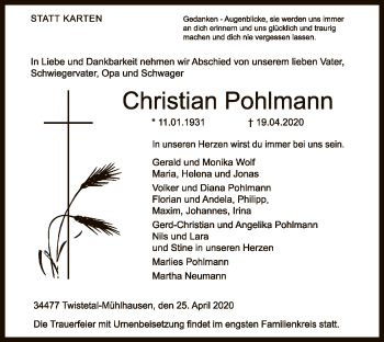 Traueranzeige von Christian Pohlmann von WLZ