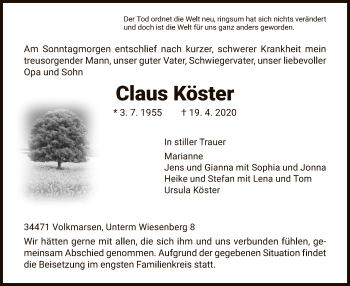 Traueranzeige von Claus Köster von WLZ