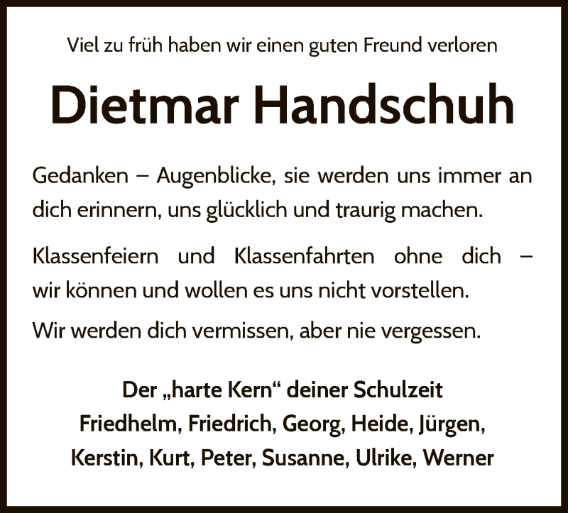  Traueranzeige für Dietmar Handschuh vom 30.04.2020 aus WLZ