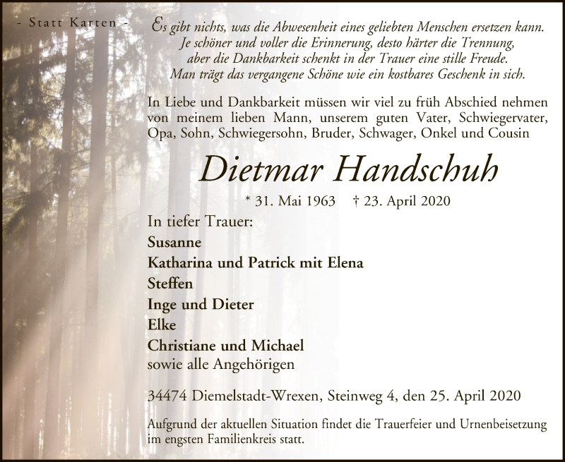  Traueranzeige für Dietmar Handschuh vom 25.04.2020 aus WLZ