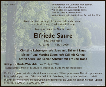 Traueranzeige von Elfriede Saure von WLZ