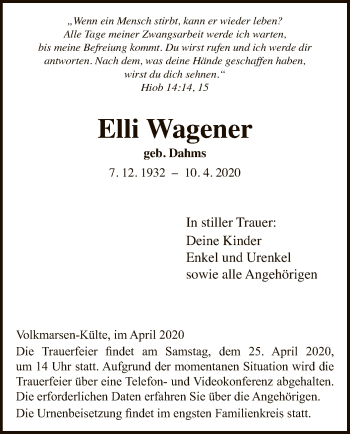 Traueranzeige von Elli Wagener von WLZ