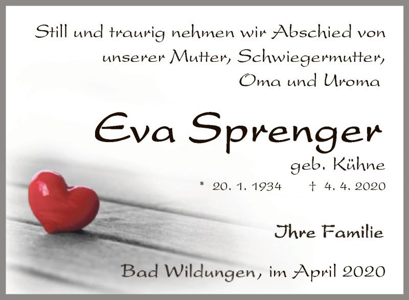  Traueranzeige für Eva Sprenger vom 11.04.2020 aus WLZ