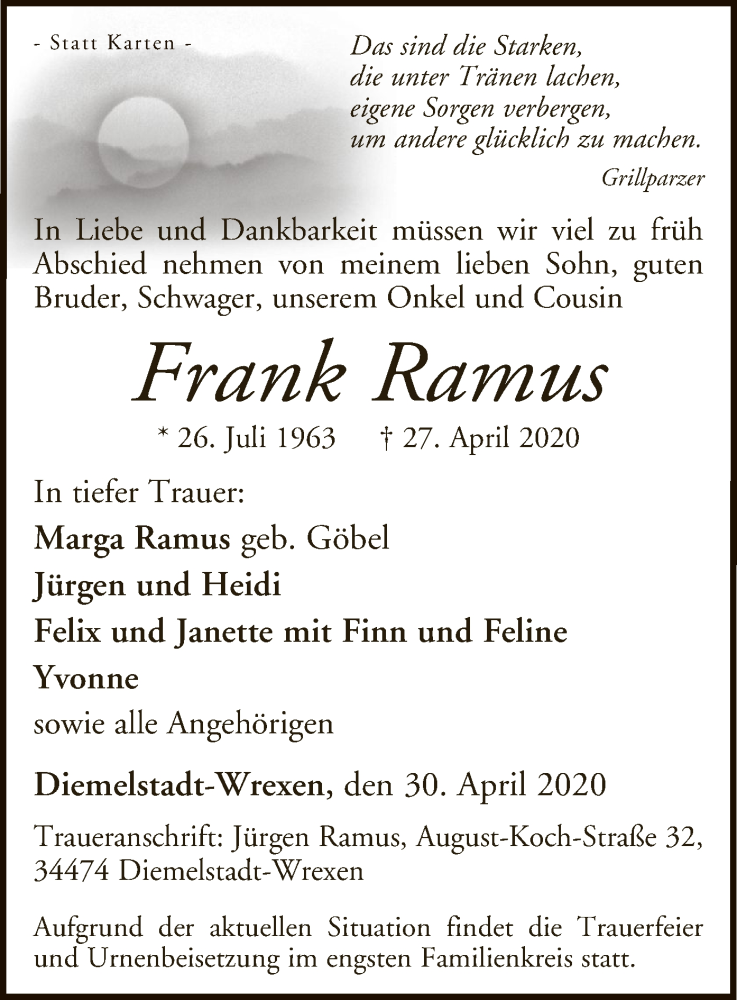  Traueranzeige für Frank Ramus vom 30.04.2020 aus WLZ