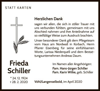 Traueranzeige von Frieda Schiller von WLZ