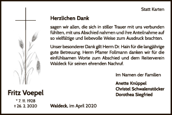 Traueranzeige von Fritz Voepel von WLZ