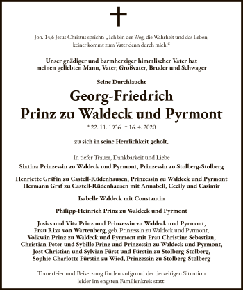 Traueranzeige von Georg-Friedrich Prinz zu Waldeck und Pyrmont von WLZ