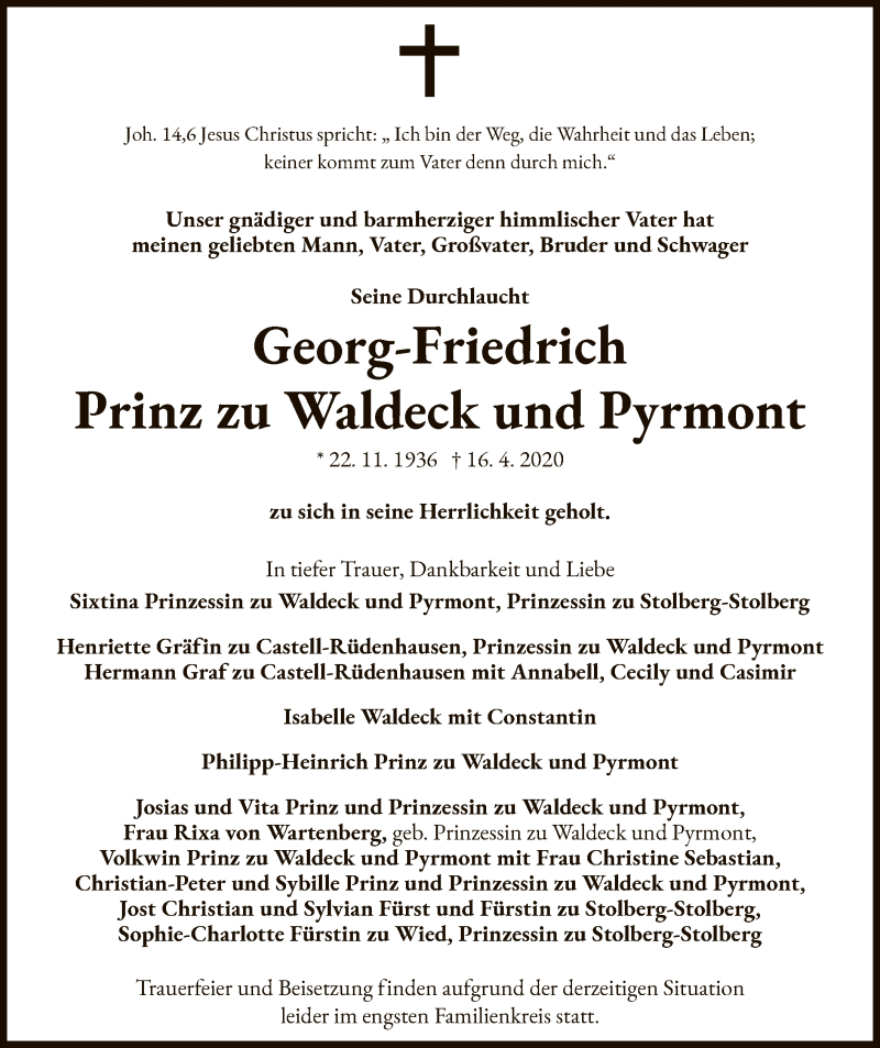  Traueranzeige für Georg-Friedrich Prinz zu Waldeck und Pyrmont vom 18.04.2020 aus WLZ
