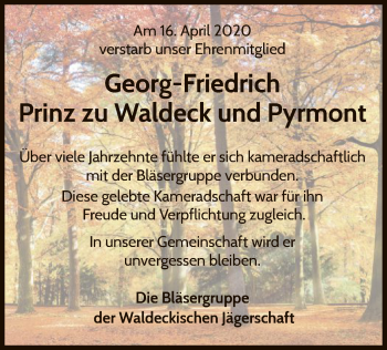 Traueranzeige von Georg-Friedrich Prinz zu Waldeck und Pyrmont von WLZ