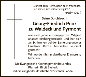 Traueranzeige von Georg-Friedrich Prinz zu Waldeck und Pyrmont von WLZ