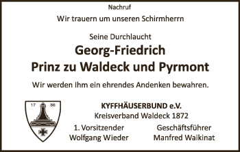 Traueranzeige von Georg-Friedrich Prinz zu Waldeck und Pyrmont von WLZ